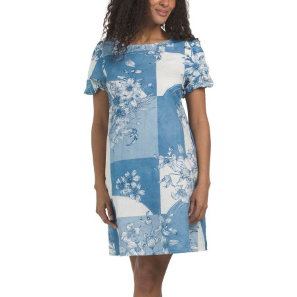 SPIGHE DI LINO Made In Italy Linen Blend Short Sleeve Printed Dress